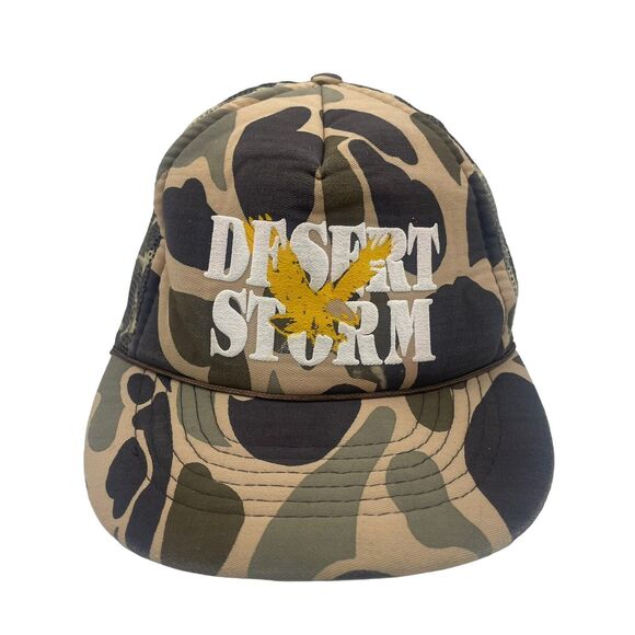 Vtg USA MADE Camo Desert Storm Military Trucker Hat Snapback Cap Vintage - Picture 1 of 6